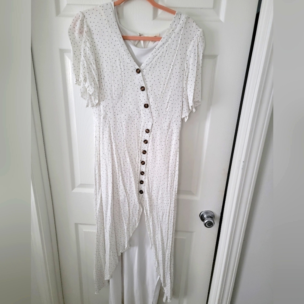 White button maxi dress with black polka dots